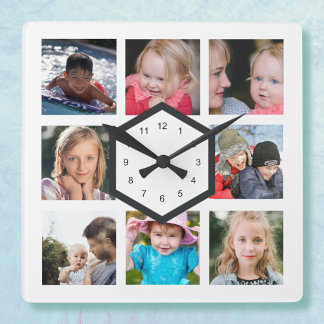 Horloge murale carrée blanche avec collage de 8 ph