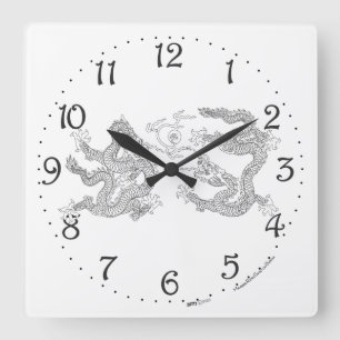 Horloge murale carrée Double Dragon chinois