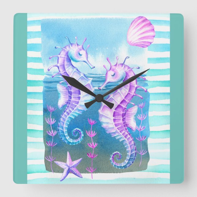 Horloge murale couleur aquarelle hippocampe et coq (Recto)