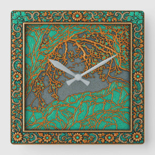 Horloge murale couleurs or argent turquoise corail