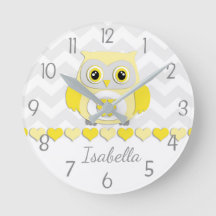 Horloge murale de nurserie Hibou Gris Jaune
