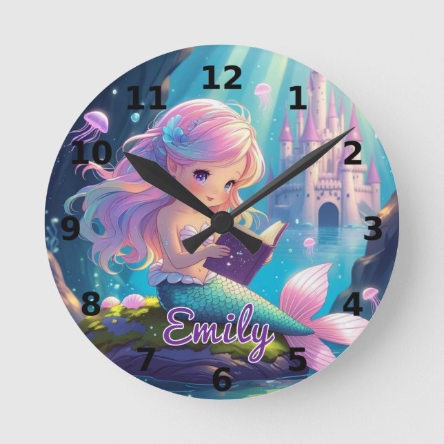 Horloge murale de sirène mignonne lisant (Recto)