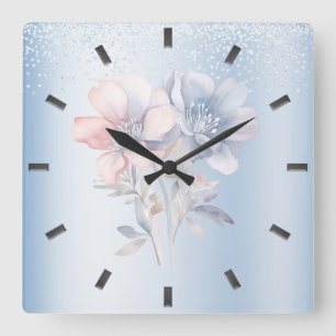 Horloge murale des fleurs roses bleues