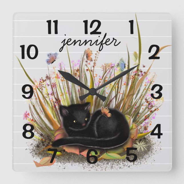 Horloge murale des papillons de chat noir personna (Recto)