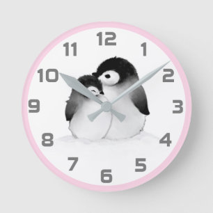 Horloge murale des pingouins gris rose