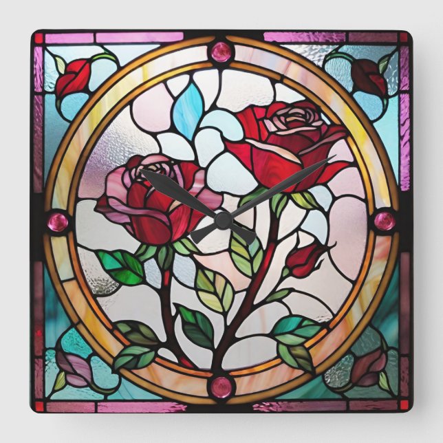 Horloge murale des roses rouges, Acrylique Carré d (Recto)