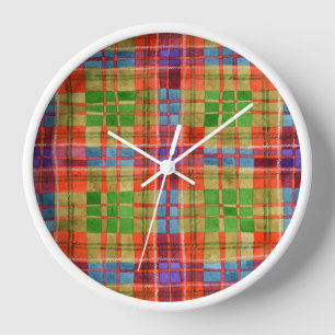 Horloge murale en bois blanc rond MAC RAE TARTAN