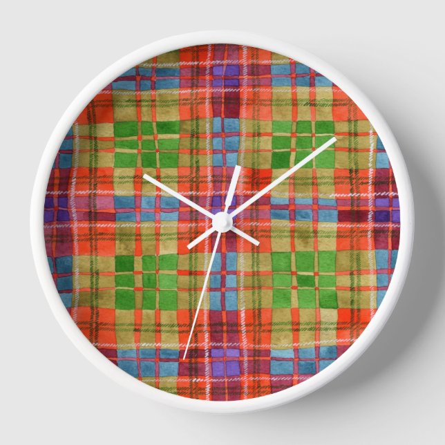 Horloge murale en bois blanc rond MAC RAE TARTAN (Recto)