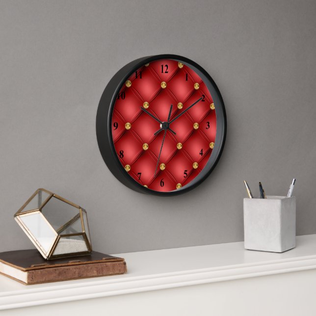 Horloge murale en cuir poli or rouge diamant (Bureau)
