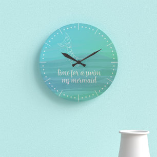 Horloge murale en queue de sirène aquarelle Aqua p