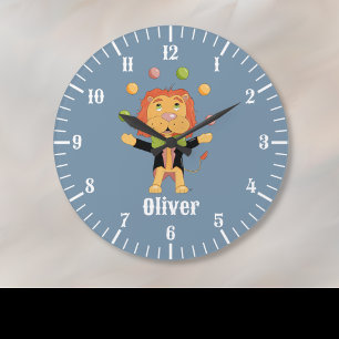 Horloge murale enfant jonglant avec un lion