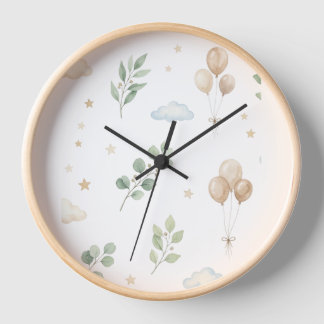 Horloge murale Eucalyptus botanique et ballons dor