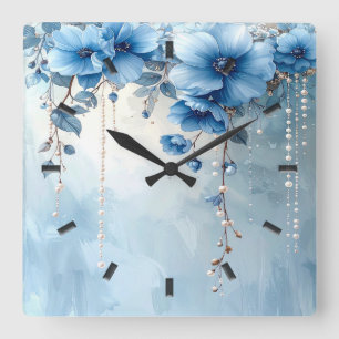 Horloge murale Fleurs bleues et perles