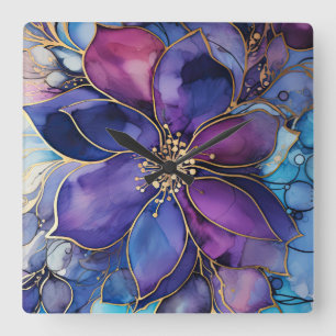 Horloge murale - Fleurs bleues violettes dorées