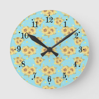 Horloge murale Fleurs jaunes Bleu poudré Campagne