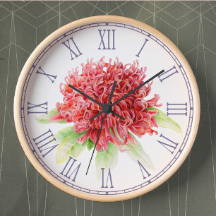 Horloge murale florale aquarelle waratah rouge