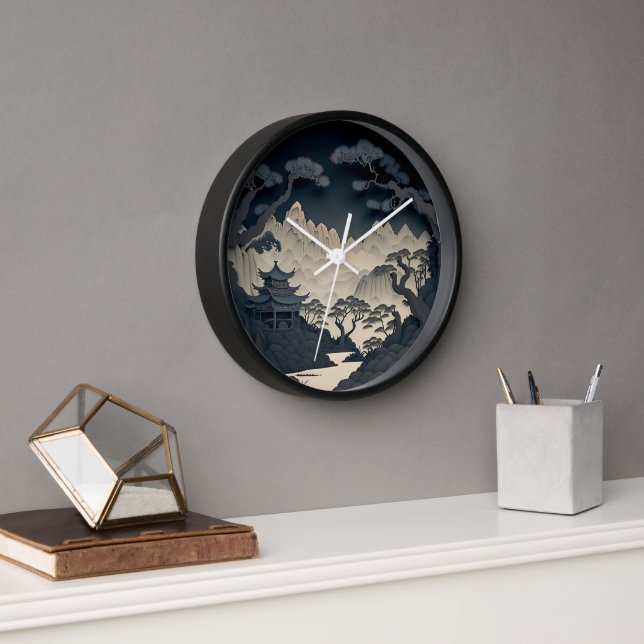Horloge murale grise du paysage chinois encadré 3D (Bureau)