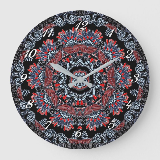 Horloge murale grise et rouge élégante de mandala (Recto)