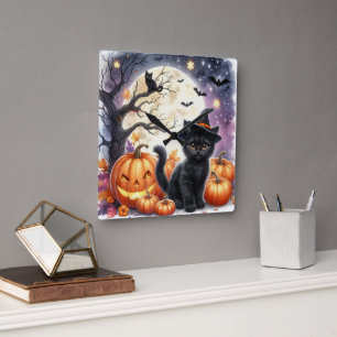 Horloge murale Halloween citrouilles et chats noir
