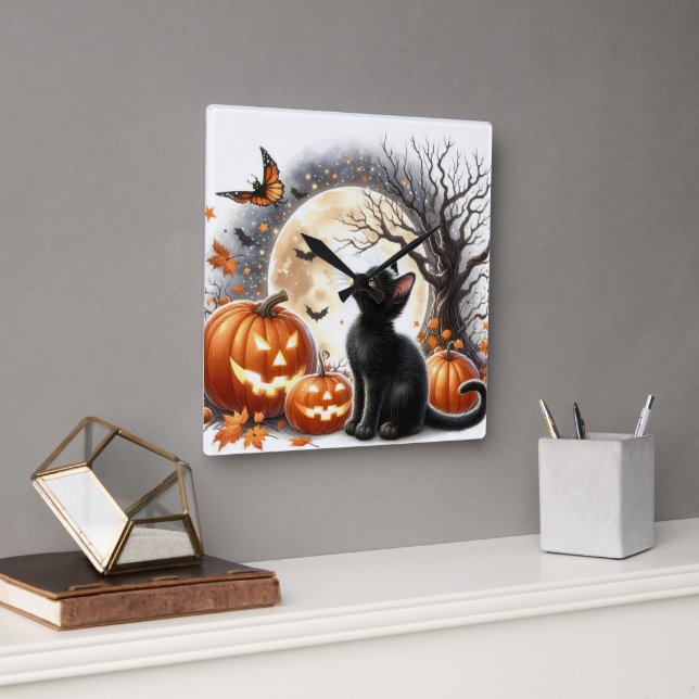 Horloge murale Halloween Jack O' Lantern et chat n (Bureau)