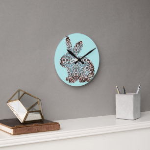 Horloge murale Mandala Lapin Chocolat et Bleus