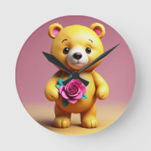 Horloge murale Ours en peluche avec rose