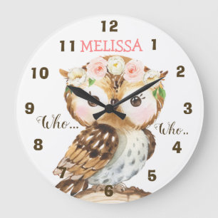 Horloge murale pour nurserie avec hibou et couronn