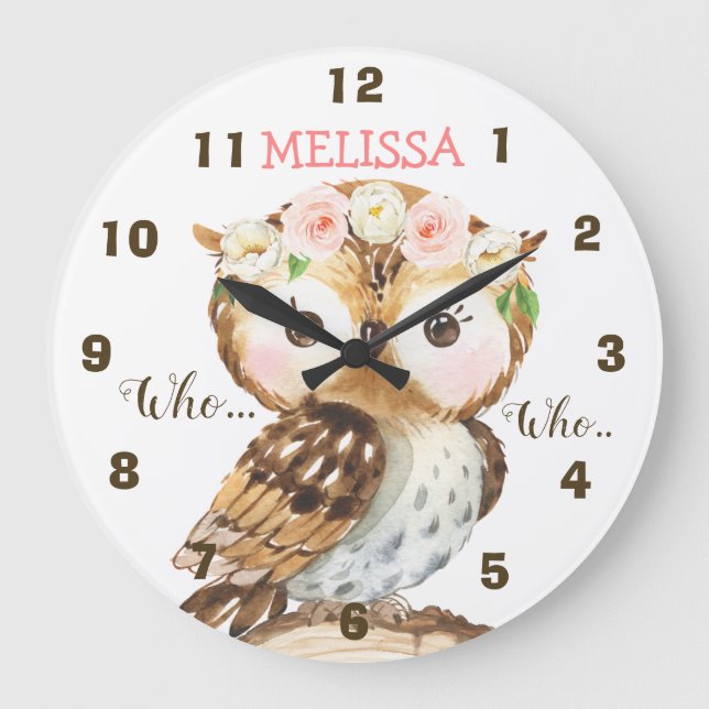 Horloge murale pour nurserie avec hibou et couronn (Recto)