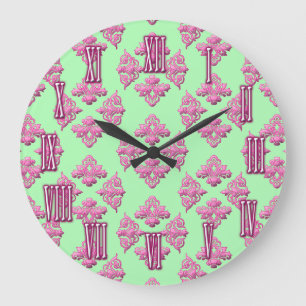 Horloge murale rose et vert Damas