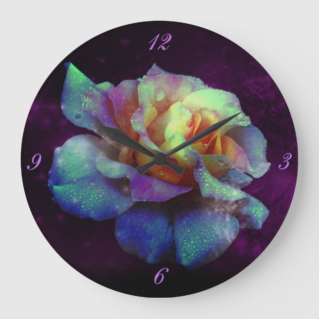 Horloge murale Rose violet-turquoise baisée (Recto)