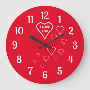 Horloge murale rouge avec coeurs blancs Love
