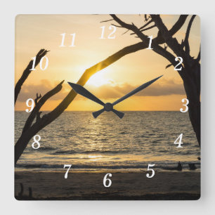 Horloge murale Silhouette Arbre Soleil Folle
