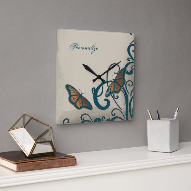 Horloge murale turquoise à rotation papillon (Bureau)