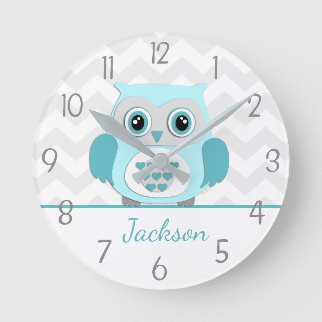 Horloge murale turquoise de la chouette grise Aqua (Recto)