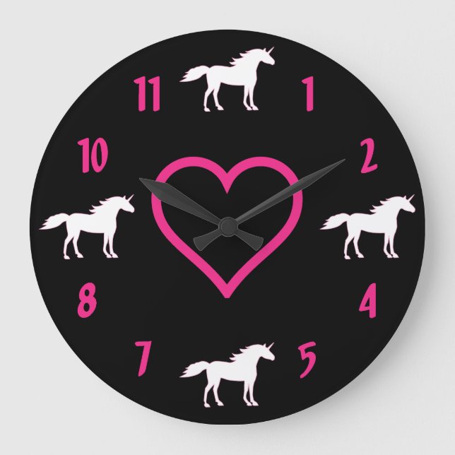 Horloge murale Unicorne ~ Rose chaud, noir et blan (Recto)