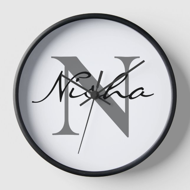 Horloge Nom du monogramme gris noir personnalisé (Recto)