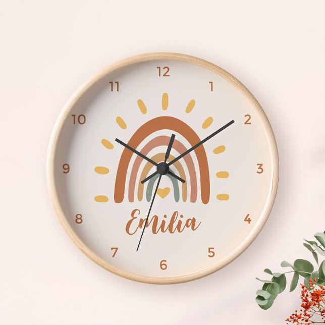 Horloge Nom personnalisé Boho Earth Tone Rainbow Sun (Créateur téléchargé)