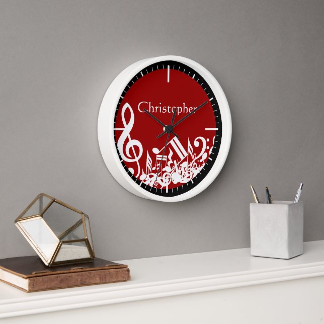 Horloge Notes musicales brouillées en blanc sur rouge (Bureau)