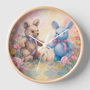 Horloge Nounours et lapin dans un jardin pastel