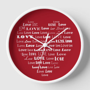 Horloge Nuage de mots Cœur Amour - Blanc sur Rouge foncé