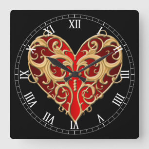 Horloge numérique romaine de Red Filigree Heart