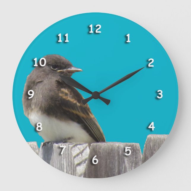 Horloge - Oiseau noir et blanc sur la clôture (Recto)