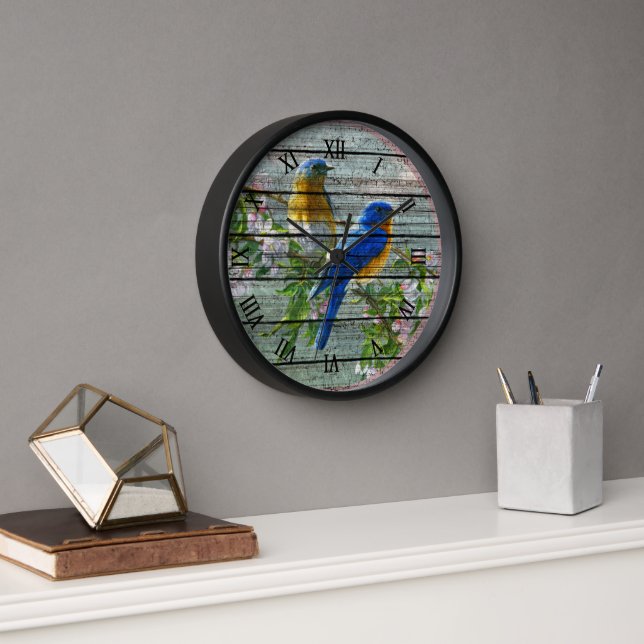 Horloge Oiseaux bleus jaunes Cerisier Fleur Arbre Peinture (Bureau)