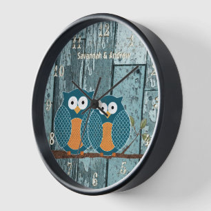 Horloge Oiseaux d'amour en bois aqua rustique personnalisé