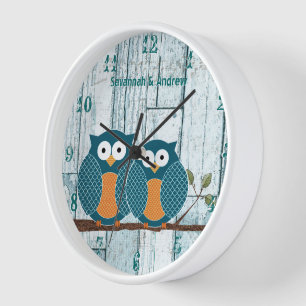 Horloge Oiseaux d'amour en bois aqua rustique personnalisé