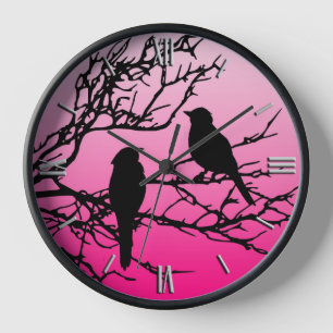 Horloge Oiseaux sur une branche, Noir contre Aube Rose