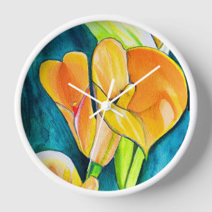 Horloge Orange Calla fleurs de laine aquarelle art