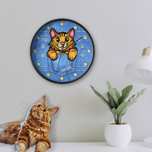 Horloge Orange Cat in Faux Denim Pocket with Custom Name