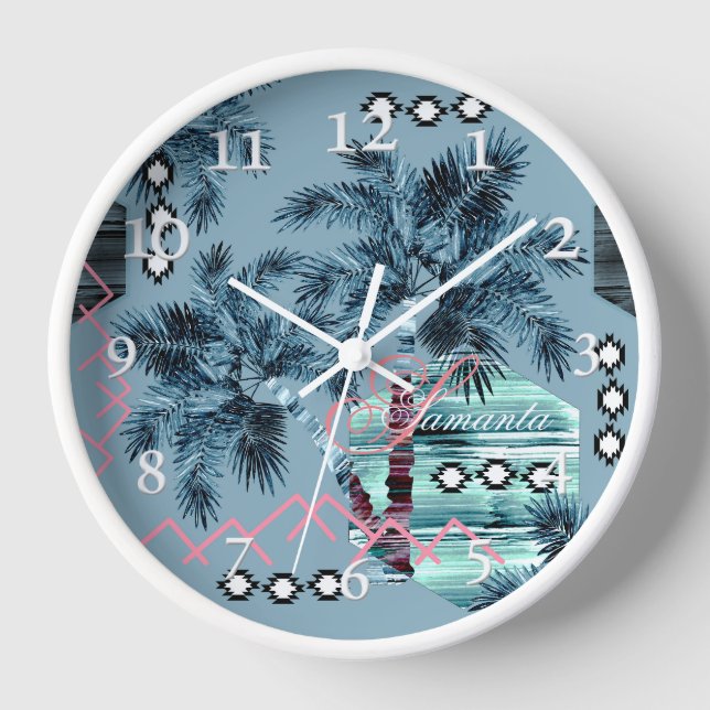 Horloge Palm Hawaiian bleu noir monogramme personnalisé (Recto)