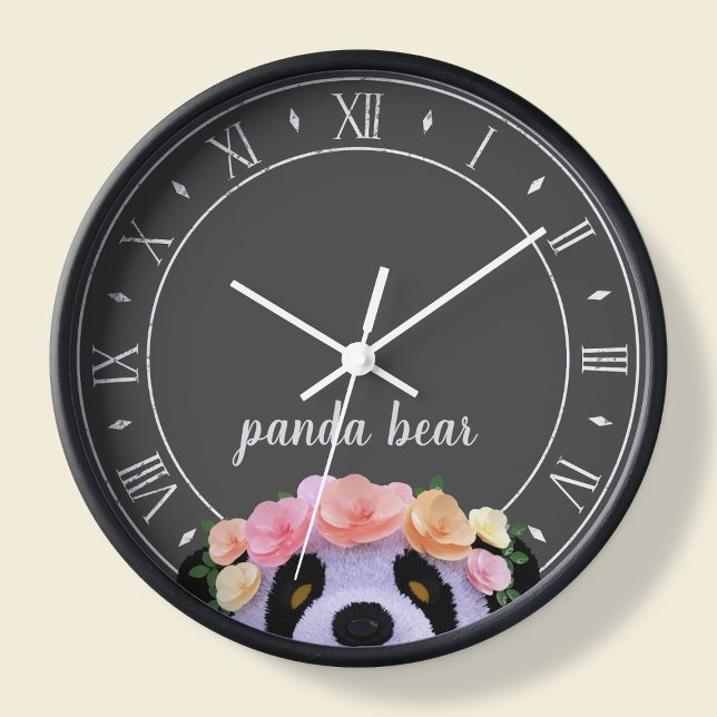 Horloge Panda Thème Rustique Noir et Blanc (A cute panda bear clock with space for your name)